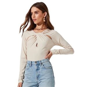 ASTR The Label Multi Cut Out Bodysuit Bone Long Sleeve Size XL Neutral  NWOT